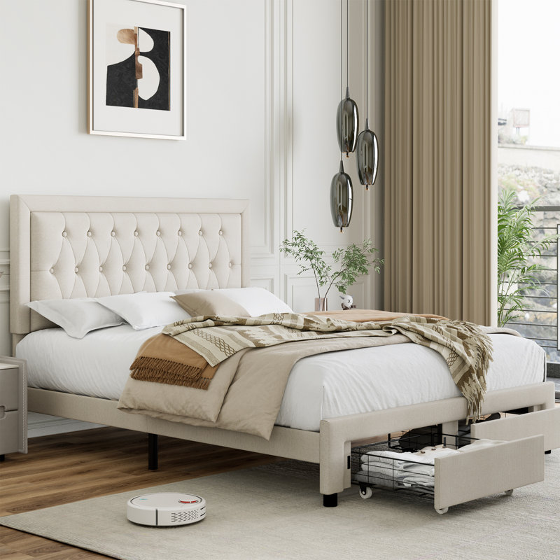 Latitude Run Emanuell Linen Upholstered Platform Bed With 2 Drawers Storage Bed Frame With Tufted Height Adjustable Headboard W004454242