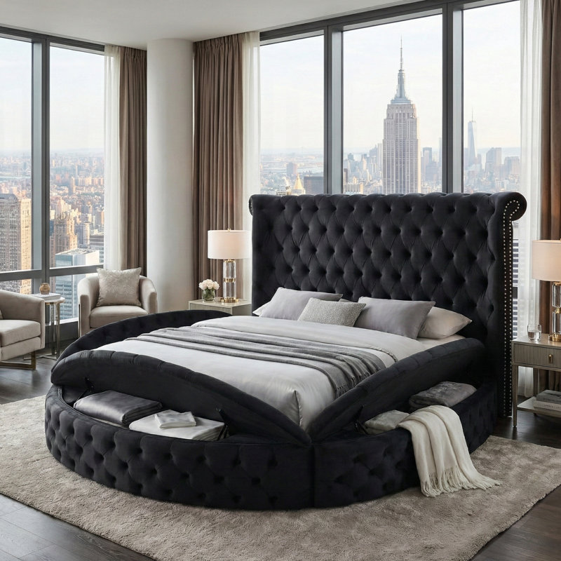 House Of Hampton Mirna Upholstered Velvet Round Storage Bed With Wingbacks W009663644