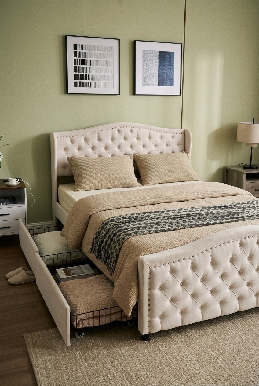 The Art of Layering Textures Around a Tufted Upholstered Storage Bed Frame