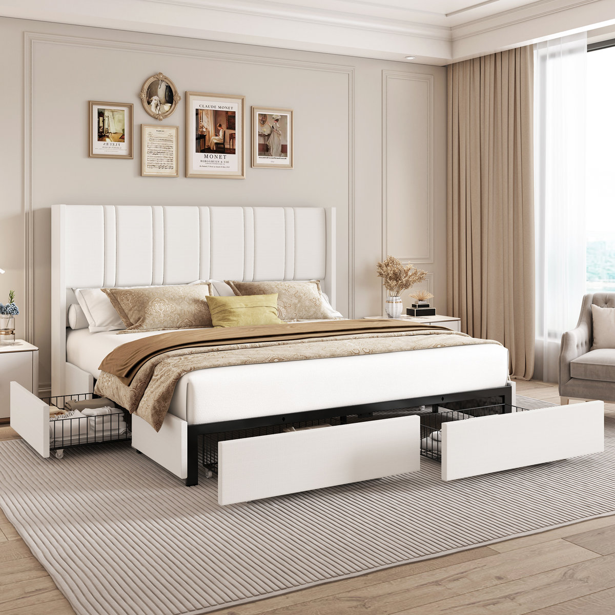 Latitude Run Upholstered Platform Bed Frame With 4 Storage Drawers And Wingback Headboard No Box Spring Required Easy Assembly W111791034