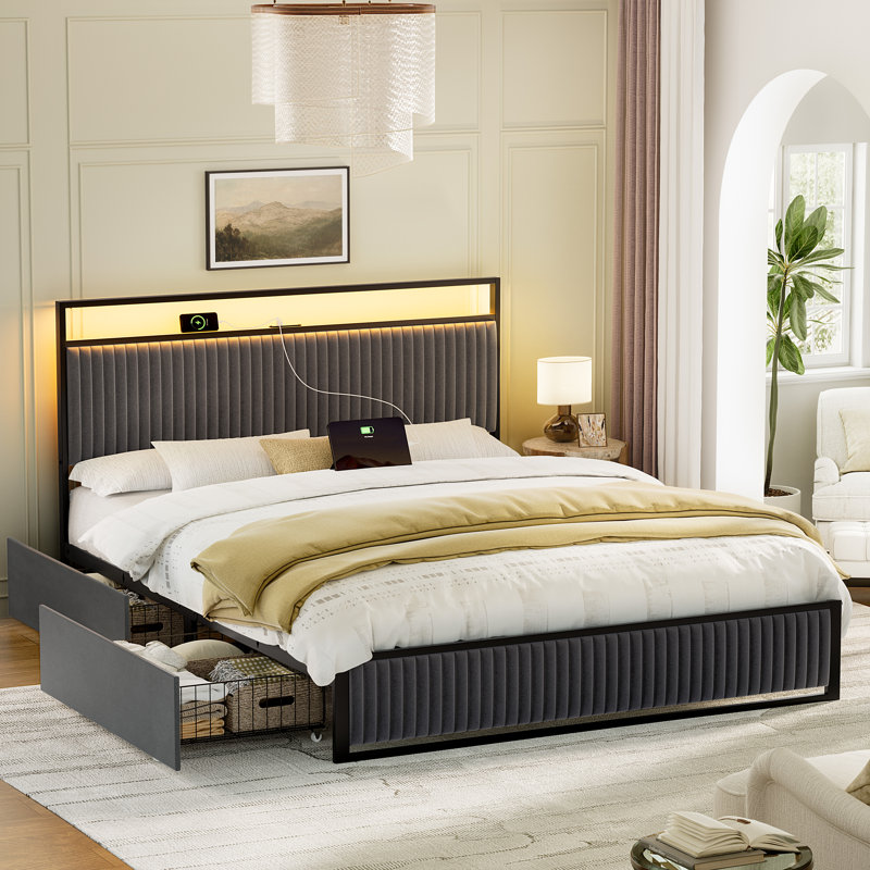 Ebern Designs Antioch Upholstered Platform Bed With 2 Drawer Storage And Charging Station W111996159