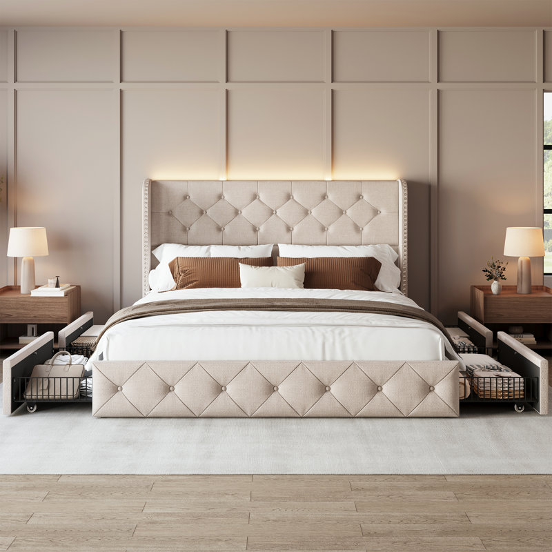 Wrought Studio Bed Frame With Storage Drawers And Tufted Headboard Velvet Upholstered Platform Led Light Wingback W113050951