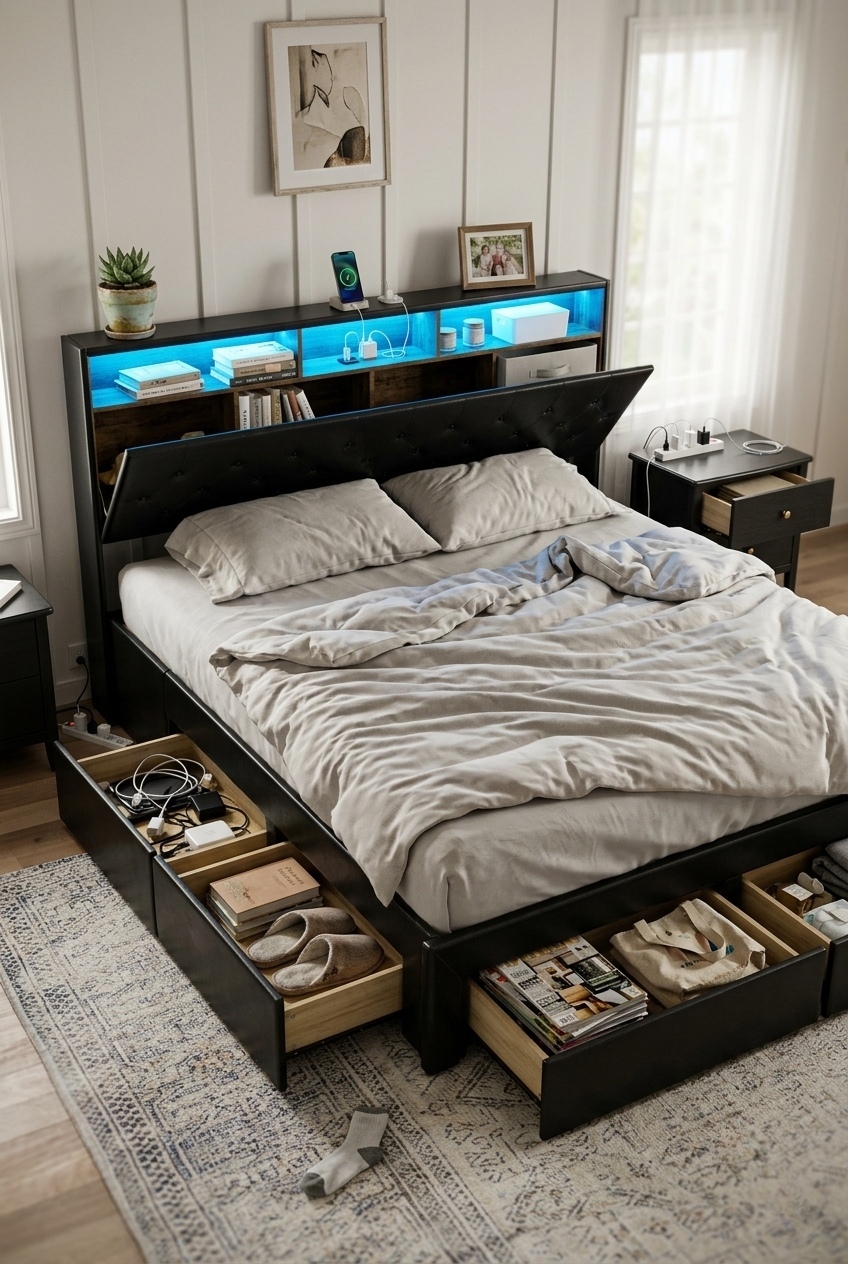 Sculpting Modern Atmosphere: How to Style an Upholstered Storage Bed with LED Lights
