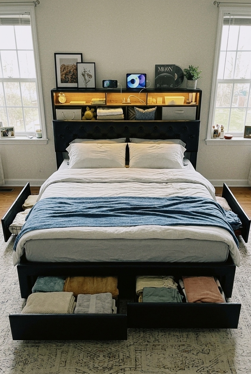 Sculpting Modern Atmosphere: How to Style an Upholstered Storage Bed with LED Lights