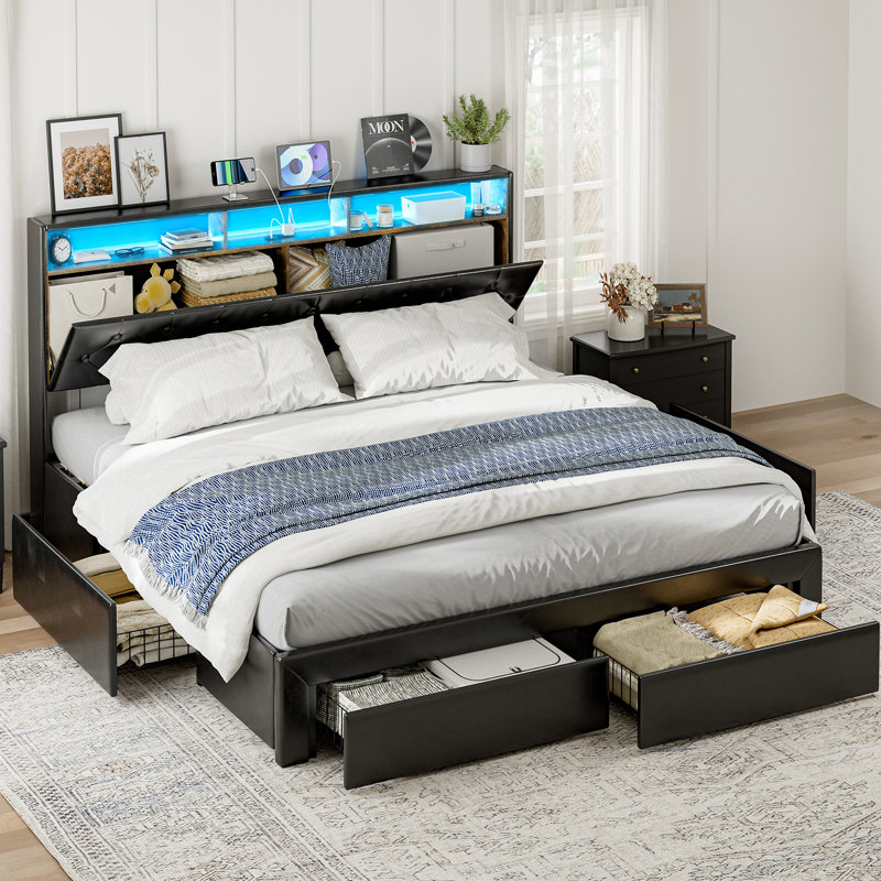 Ivy Bronx Bed Frame With 4 Storage Drawers Upholstered Platform Bed With Hidden Storage Headboard Charging Station Led Lights Solid Wood Slats No Box Spring Needed Noise Free W113565306