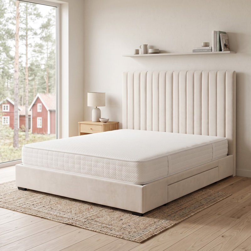 Ebern Designs Upholstered Platform Bed Frame With 2 Large Drawers Vertical Channel Tufted Headboard Wood Slat Support No Box Spring Required Easy Assembly W114384448