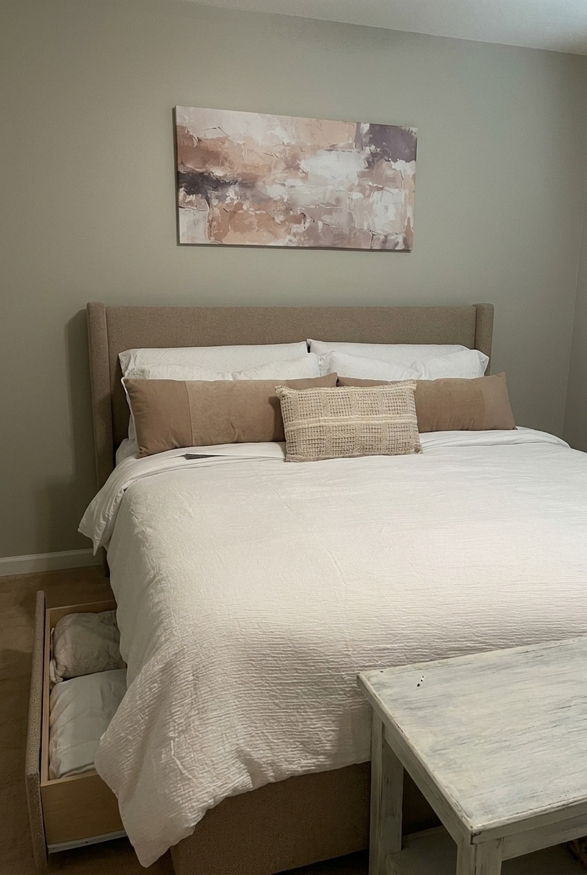Artful Layering: Styling the Tweed Upholstered Platform Bed With Storage