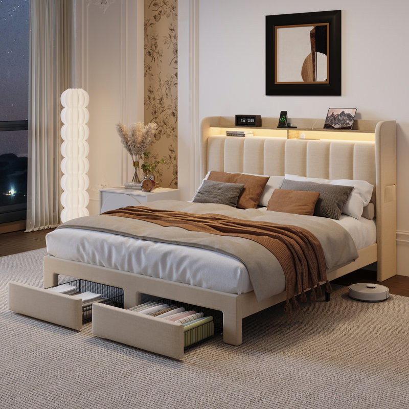 Ivy Bronx Upholstered Platform Bed Frame With Wingback Design Headboard Charging Station Led Lights And 2 Storage Drawers W116131542