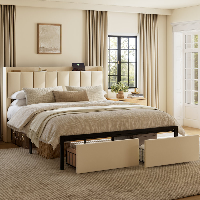 Ebern Designs Upholstered Bed With 2 Storage Drawersstorage Headboard With Charging Ports No Spring Boxing Needed W116620431