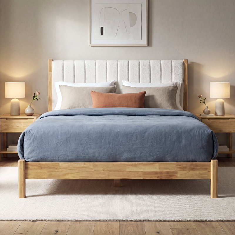 Latitude Run Eliza Solid Wood Boucle Upholstered Headboard Bed Frame W118326039